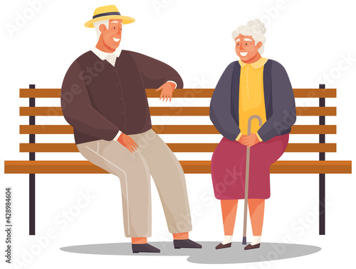 Old woman and man are resting, sitting and talking on bench together isolated on white background