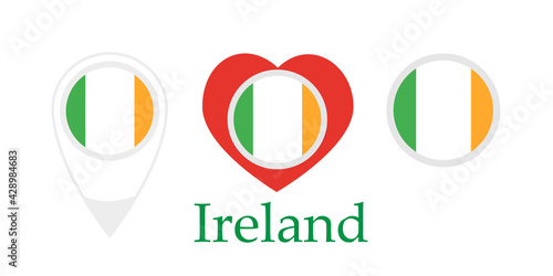 National flag of Ireland, round icon, heart icon and location sign