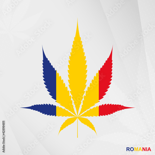 Flag of Romania in Marijuana leaf shape. The concept of legalization Cannabis in Romania.