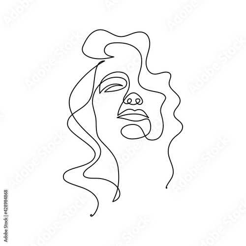 Beautiful woman face in continuous line art drawing style. Portrait of young woman with curly hair taking full breath. Minimalist black linear sketch isolated on white background. Vector illustration