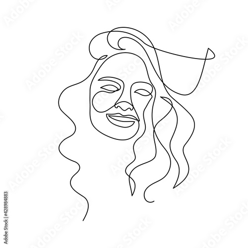 Beautiful woman face in continuous line art drawing style. Portrait of young woman with curly hair blowing in the wind. Minimalist black linear sketch isolated on white background. Vector illustration