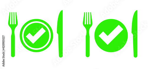 Fork and knife icon. Food safety concept. Ready to eat healthy food. Funny vector logo sign for dinner, breakfast, lunch meal check. Good service.