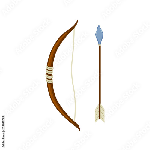 Ancient stone and wood bow and arrow vector illustration in a cartoon flat style isolated on white background.