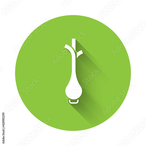 White Bunch of fresh green onions icon isolated with long shadow. Green circle button. Vector