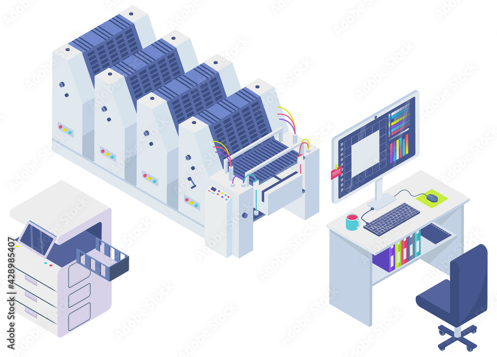 Technique, printer, printing machine vector illustration. Furnishing and layout of workplace