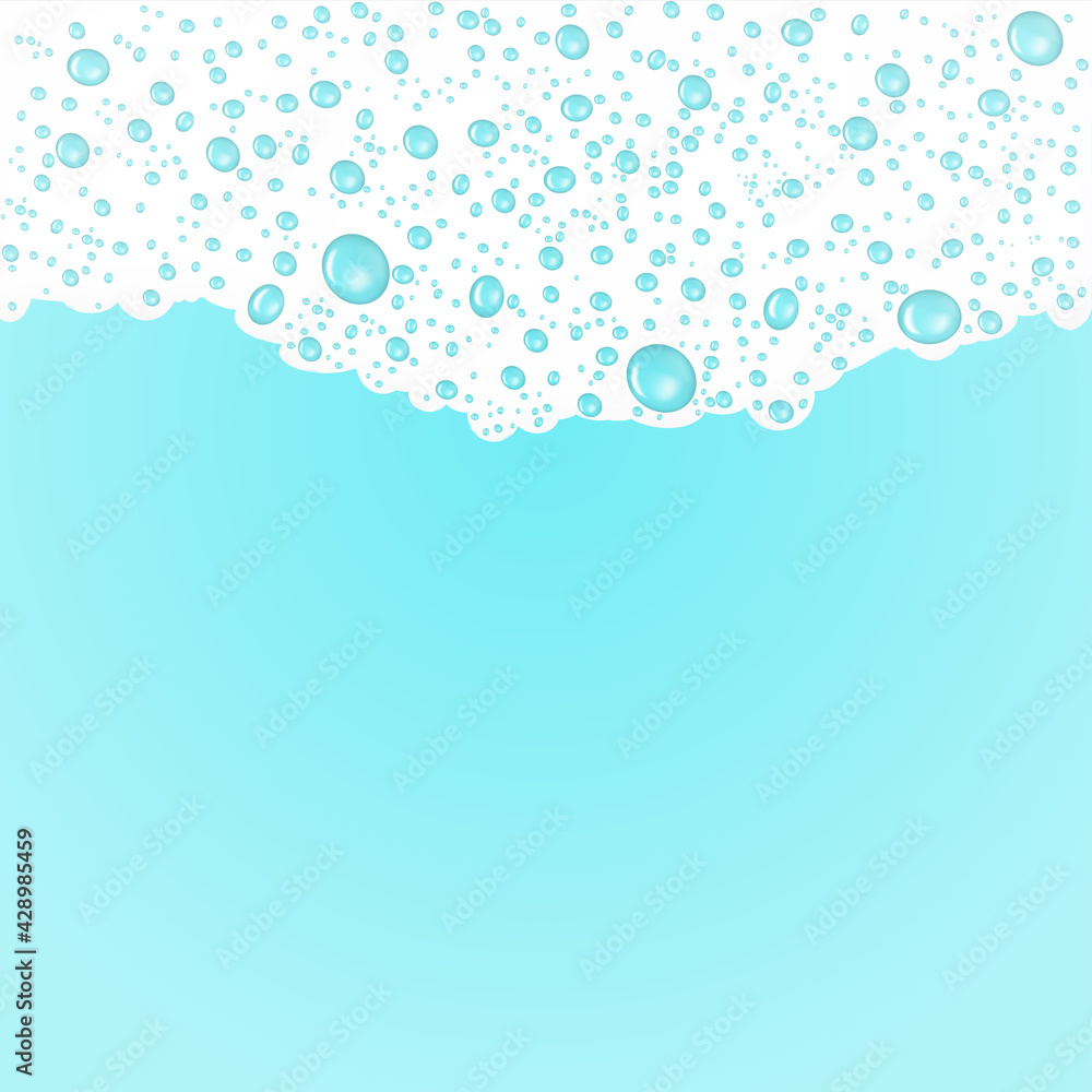 White bath foam with clear bubbles on blue background. Soap lather border pattern. Vector illustration. Template for design