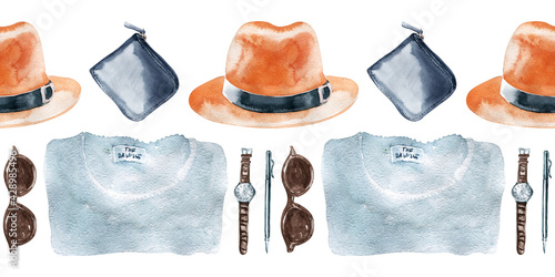 A set of watercolor seamless borders with various things and accessories for men's wardrobe