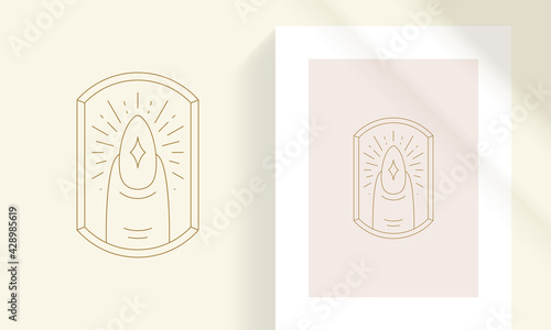 Mystical female finger with shiny diamond on nail line art style vector illustration