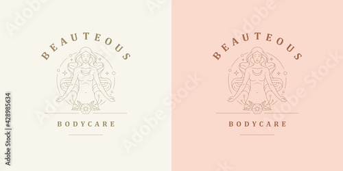 Magic female with flowers logo emblem design template vector illustration in minimal line art style