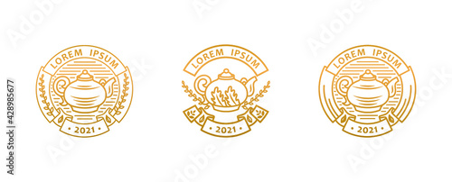 Vector set of tea logo. Round gold emblem teapot in a linear style. Logo design template, label for tea.