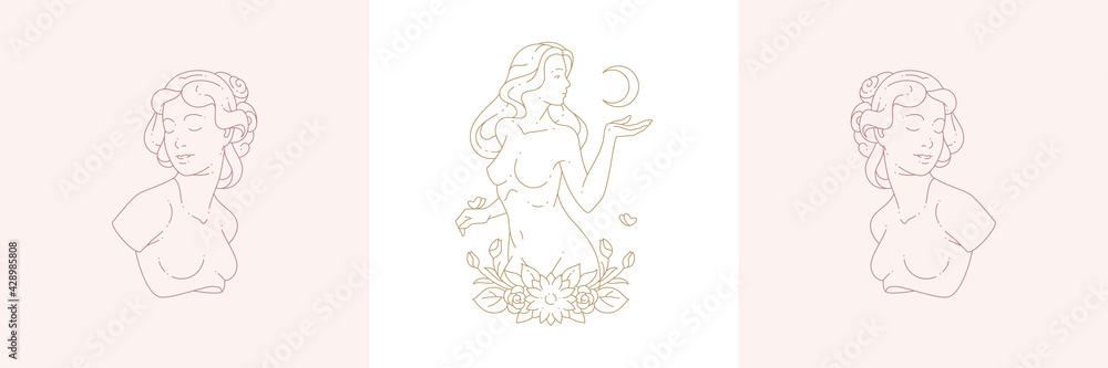 Female busts and magic woman with moon crescent in boho linear style vector illustrations set.