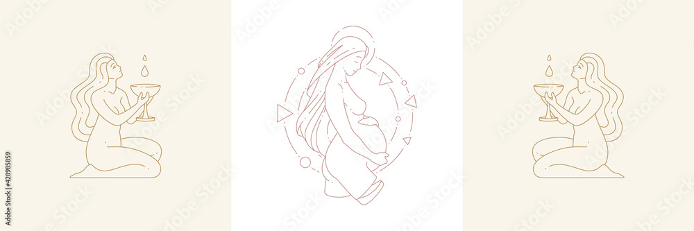 Pregant woman and fertility females with cups in boho linear style vector illustrations set.