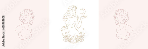 Photo Female busts and magic woman with moon crescent in boho linear style vector illustrations set