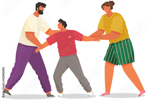 Problems and conflict in family, fight and arguing, quarreling over child in family. Unhappy boy