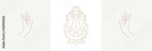 Magic woman with crescent and praying female hands gestures in boho linear style vector illustrations set.