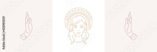 Magic woman face with halo and female praying hands gestures in boho linear style vector illustrations set