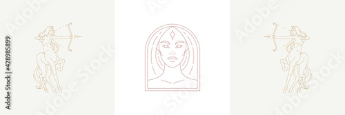 Magic woman head and female sagittarius in boho linear style vector illustrations set.