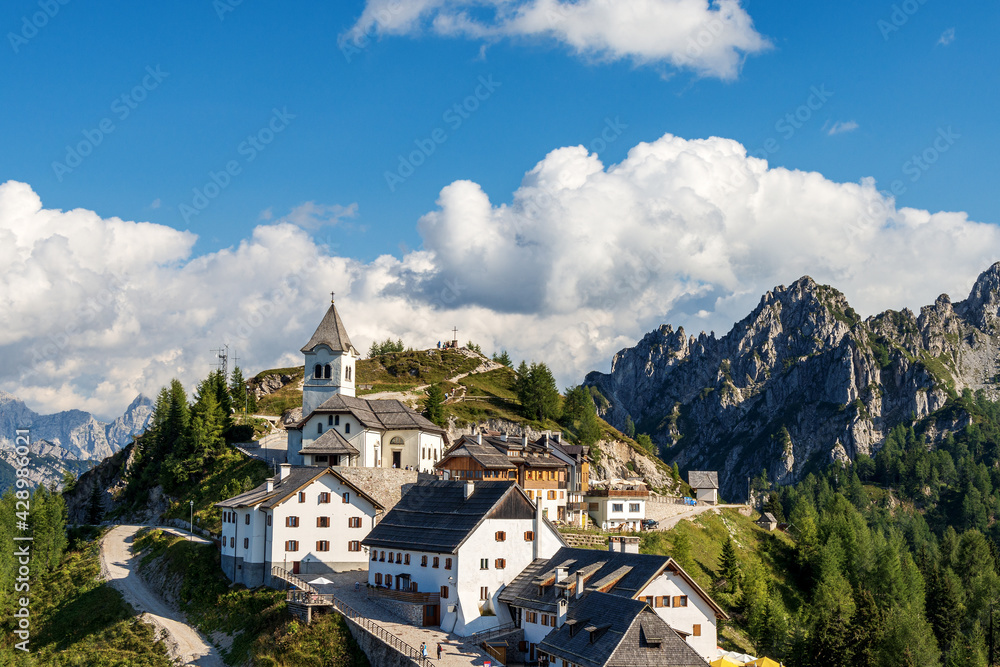 Lussari village or Monte Santo di Lussari (1790 m) with the Cima del Cacciatore (Peak of the Hunter), Julian Alps, Camporosso in Valcanale, Tarvisio, Udine, Friuli Venezia Giulia, Italy, Europe.