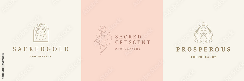 Feminine logos emblems design templates set with magic female vector illustrations minimal linear style Feminine logos emblems design templates set with magic female vector illustrations minimal linear style