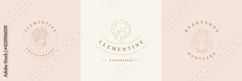 Feminine logos emblems design templates set with magic female portraits vector illustrations minimal linear style