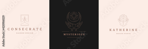 Mystic logos emblems design templates set with magic moon and female hands vector illustrations minimal linear style