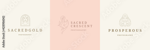 Feminine logos emblems design templates set with magic female vector illustrations minimal linear style