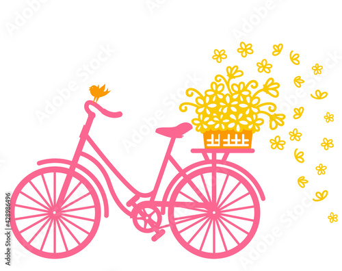 City bicycle silhouette full of yellow flowers in wicker basket and bird. Vector graphic illustration of romantic bike isolated on white background