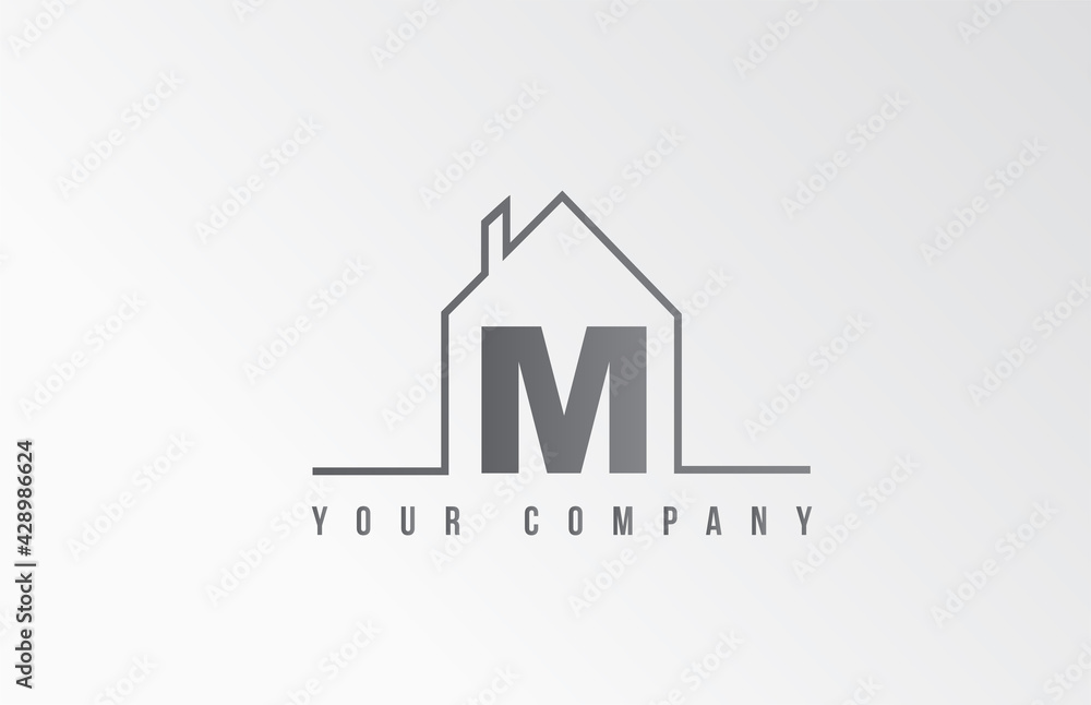 M home alphabet icon logo letter design. House for a real estate company. Business identity with thin line contour M home alphabet icon logo letter design. House for a real estate company. Business identity with thin line contour
