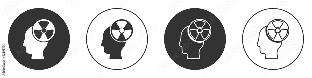 Black Silhouette of a human head and a radiation symbol icon isolated on white background. Circle button. Vector Black Silhouette of a human head and a radiation symbol icon isolated on white background. Circle button. Vector