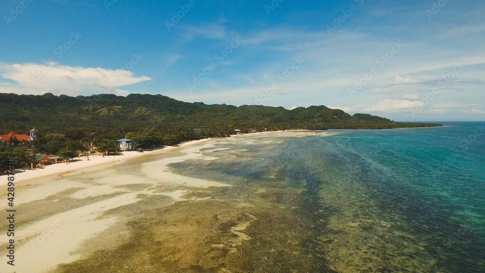 Aerial view of tropical beach on the island Bohol, Anda area, Philippines. Beautiful tropical island with sand beach, palm trees. Tropical landscape: beach with palm trees. Seascape: Ocean, sky, sea Aerial view of tropical beach on the island Bohol, Anda area, Philippines. Beautiful tropical island with sand beach, palm trees. Tropical landscape: beach with palm trees. Seascape: Ocean, sky, sea
