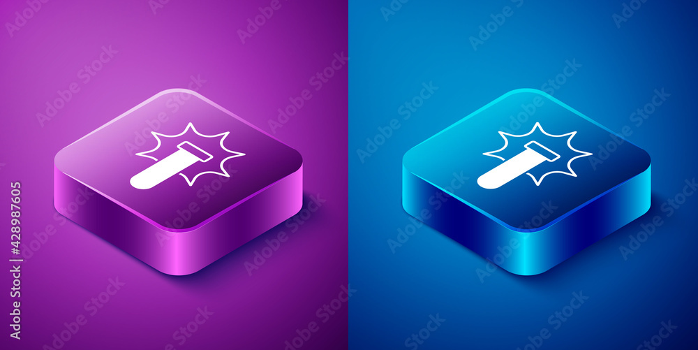 Isometric Chemical experiment, explosion in the flask icon isolated on blue and purple background. Chemical explosion in a test tube. Square button. Vector Isometric Chemical experiment, explosion in the flask icon isolated on blue and purple background. Chemical explosion in a test tube. Square button. Vector