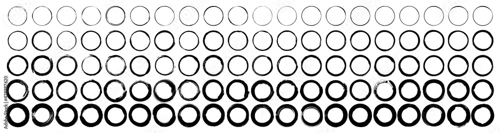 Set of 100 circle brushes elements. Different circle brush strokes. Grunge round shapes. Boxes, frames for text, labels, logo, grunge. Vector illustration.