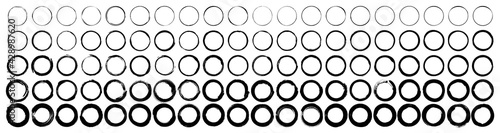Set of 100 circle brushes elements. Different circle brush strokes. Grunge round shapes. Boxes, frames for text, labels, logo, grunge. Vector illustration.