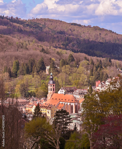 The Bathing district in Baden Baden with the collegiate church. Seen from Anna mountain. Baden Wuerttemberg, Germany, Europe