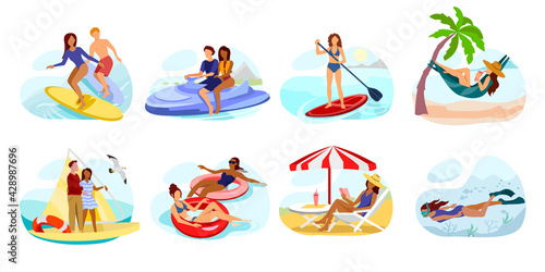 Summer vacation.Young couple at seaside resort. Woman relax on the beach. Rest outdoors. Surfing, watercraft, paddle boarding, boating, diving. Set of people spending summer break. Vector illustration