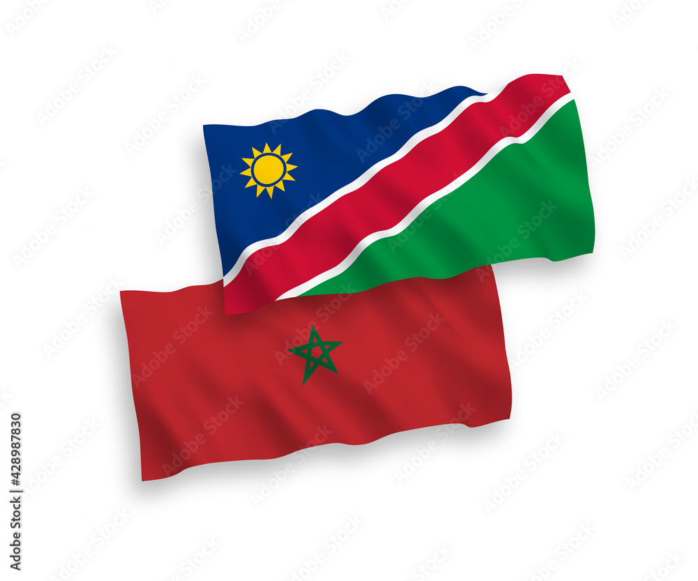 National vector fabric wave flags of Republic of Namibia and Morocco isolated on white background. 1 to 2 proportion.