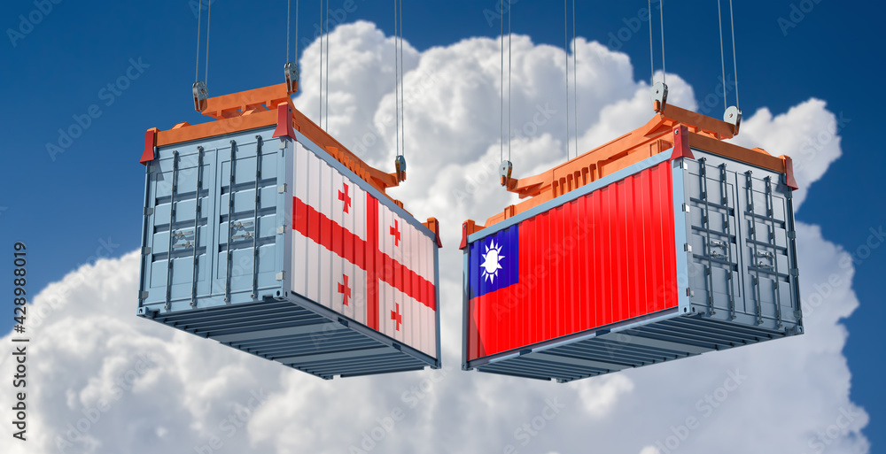 Freight containers with Georgia and Taiwan national flags. 3D Rendering 