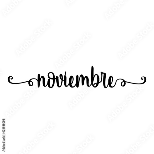 Banner con texto manuscrito noviembre escrito a mano en español con florituras en color negro