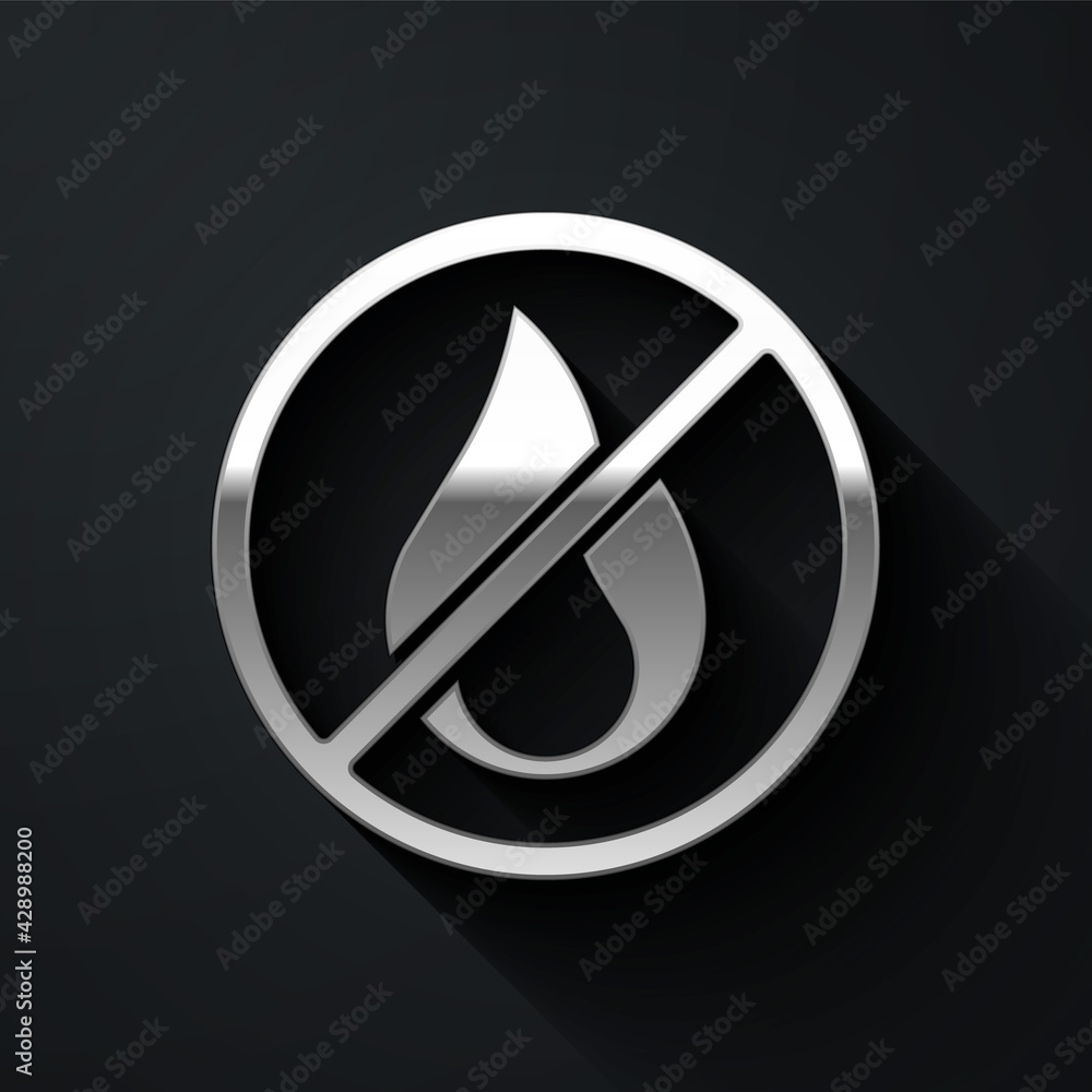 Silver No fire icon isolated on black background. Fire prohibition and forbidden. Long shadow style. Vector Silver No fire icon isolated on black background. Fire prohibition and forbidden. Long shadow style. Vector