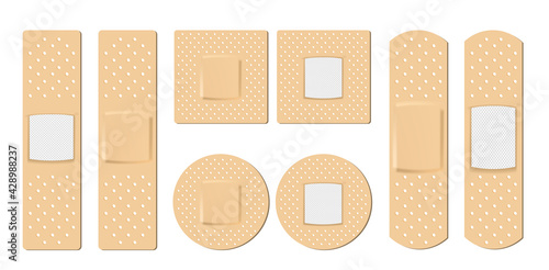Collection of adhesive bandages, plasters or patches isolated on white background. Realistic Adhesive Plasters Set