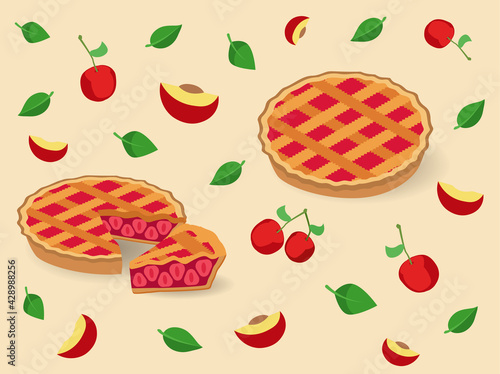 Vector jam and chocolate pie set. Set of berry crumble pies. Vector illustration.