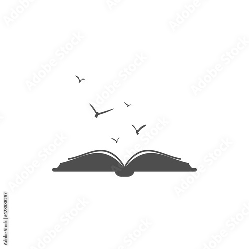 Open book with black birds flying out. Isolated on white background.