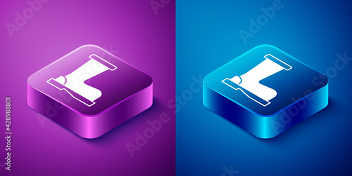 Isometric Fire boots icon isolated on blue and purple background. Square button. Vector