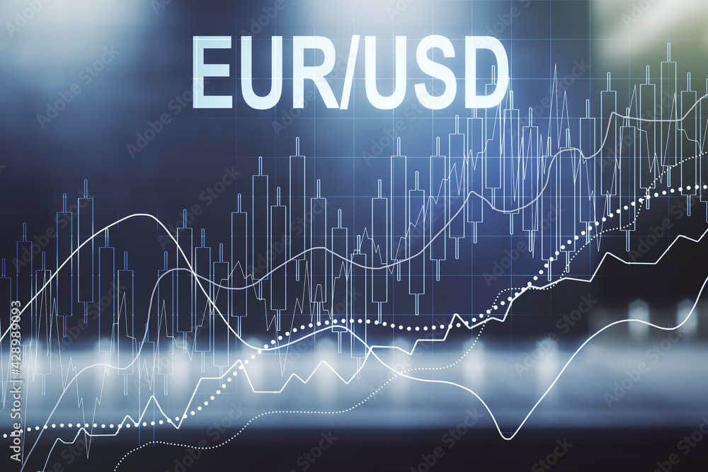 EURO USD financial graph illustration on blurry contemporary office building background, forex and currency concept. Multiexposure