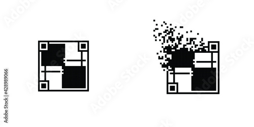 Ornamental Qr code 8 bit dispersed filled rectanlge, illustration for graphic design, colors: black and white