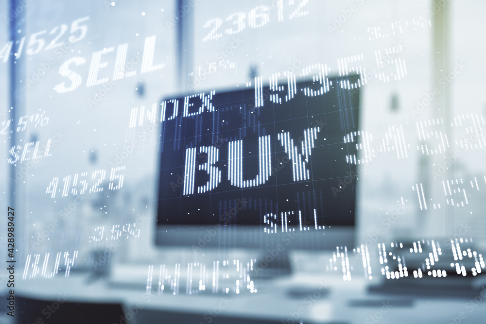 Fototapeta premium Multi exposure of abstract creative financial graph on modern computer background, forex and investment concept