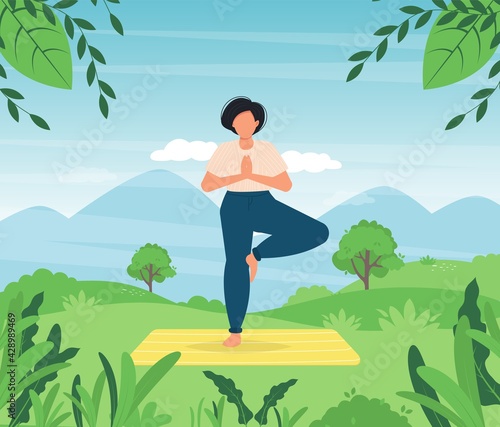 Yoga Meditating woman in green meadow. Park yoga pose. Girl relaxing healthy fitness. Relaxed expression outside summer. Beautiful woman doing yoga nature peaceful pose. Vector illustration