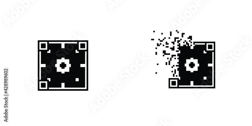Ornamental Qr code tile disintegration into pixels, illustration for graphic design, colors: black and white