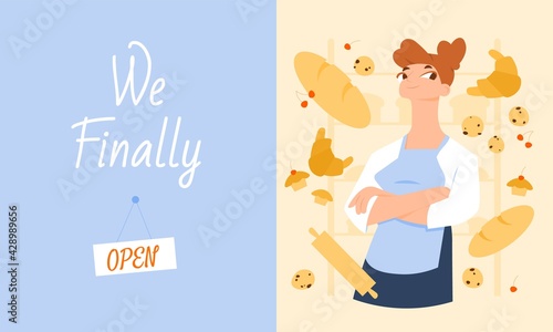 Inviting banner for a bakery opening on which friendly female baker surrounded by bread, croissants, muffins, cookies and rolling pin. Small bussiness or family bussiness