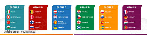 Flags of football tournament sorted by group on football background.